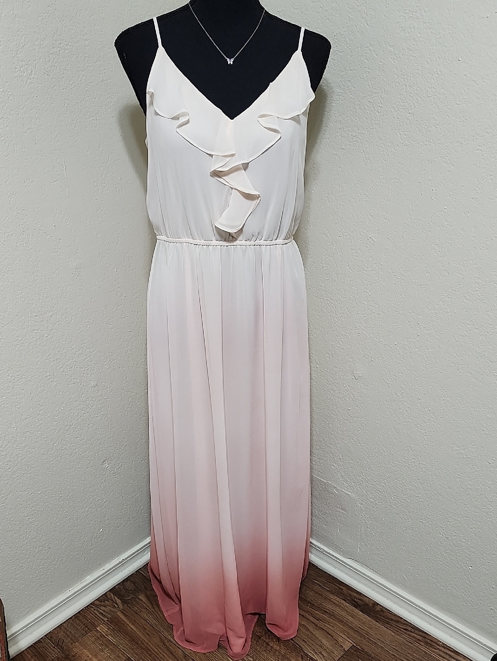 LC Lauren Conrad Cream & Pink Ombré Chiffon Ruffle Maxi Dress Sz S Boho Vacay
